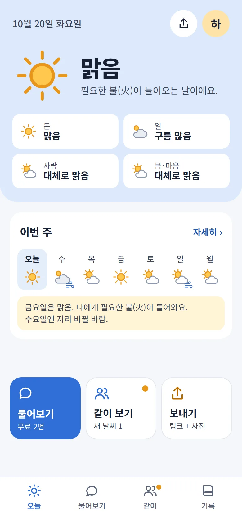 사주날씨 오늘 화면. 10월 20일 화요일, 맑음 — 필요한 불(火)이 들어오는 날이에요. 돈 맑음, 일 구름 많음, 사람 대체로 맑음, 몸·마음 대체로 맑음. 아래에 이번 주 7일 날씨와 물어보기 · 같이 보기 · 보내기 버튼.